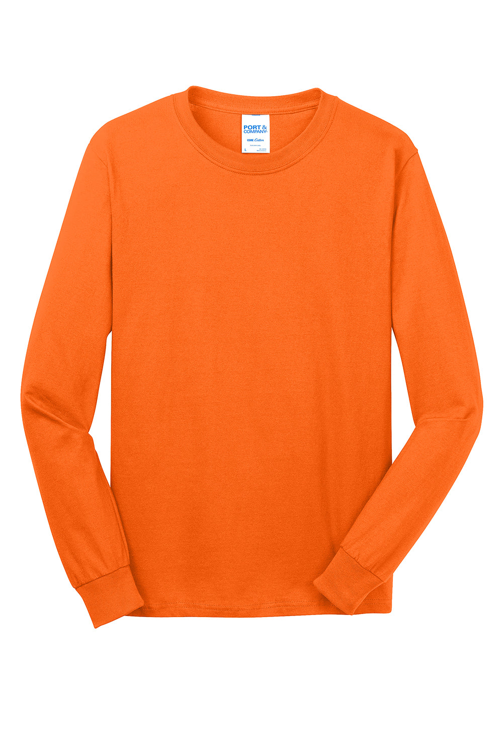 Port & Company PC54LS Mens Core Long Sleeve Crewneck T-Shirt Safety Orange Flat Front