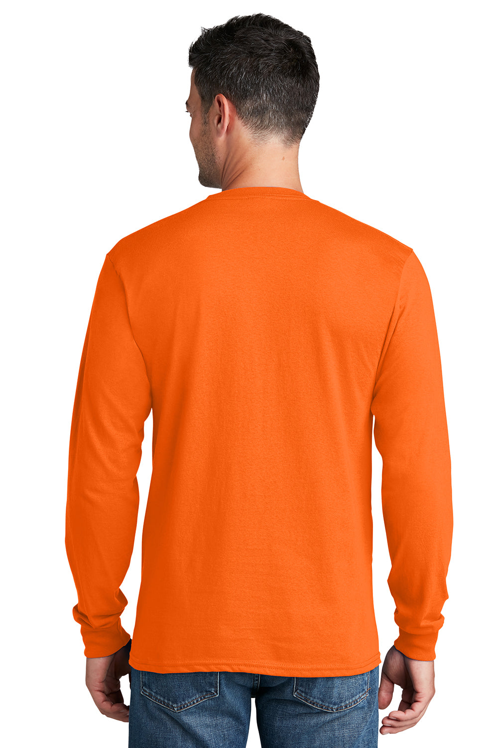 Port & Company PC54LS Mens Core Long Sleeve Crewneck T-Shirt Safety Orange Model Back