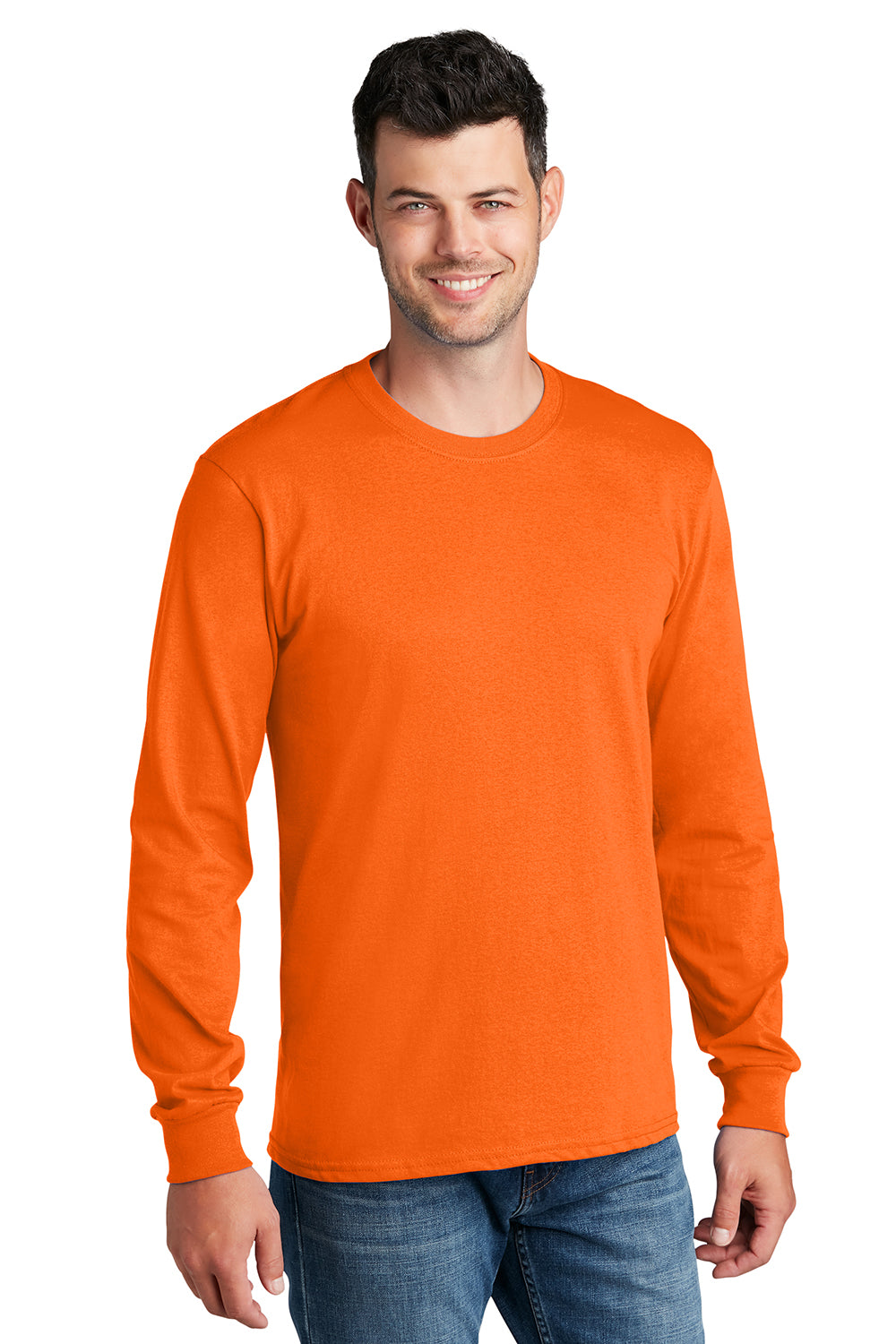 Port & Company PC54LS Mens Core Long Sleeve Crewneck T-Shirt Safety Orange Model Front