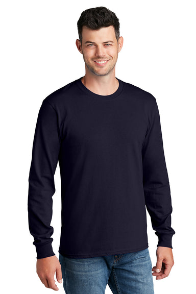 Port & Company PC54LS Mens Core Long Sleeve Crewneck T-Shirt True Navy Blue Model Front