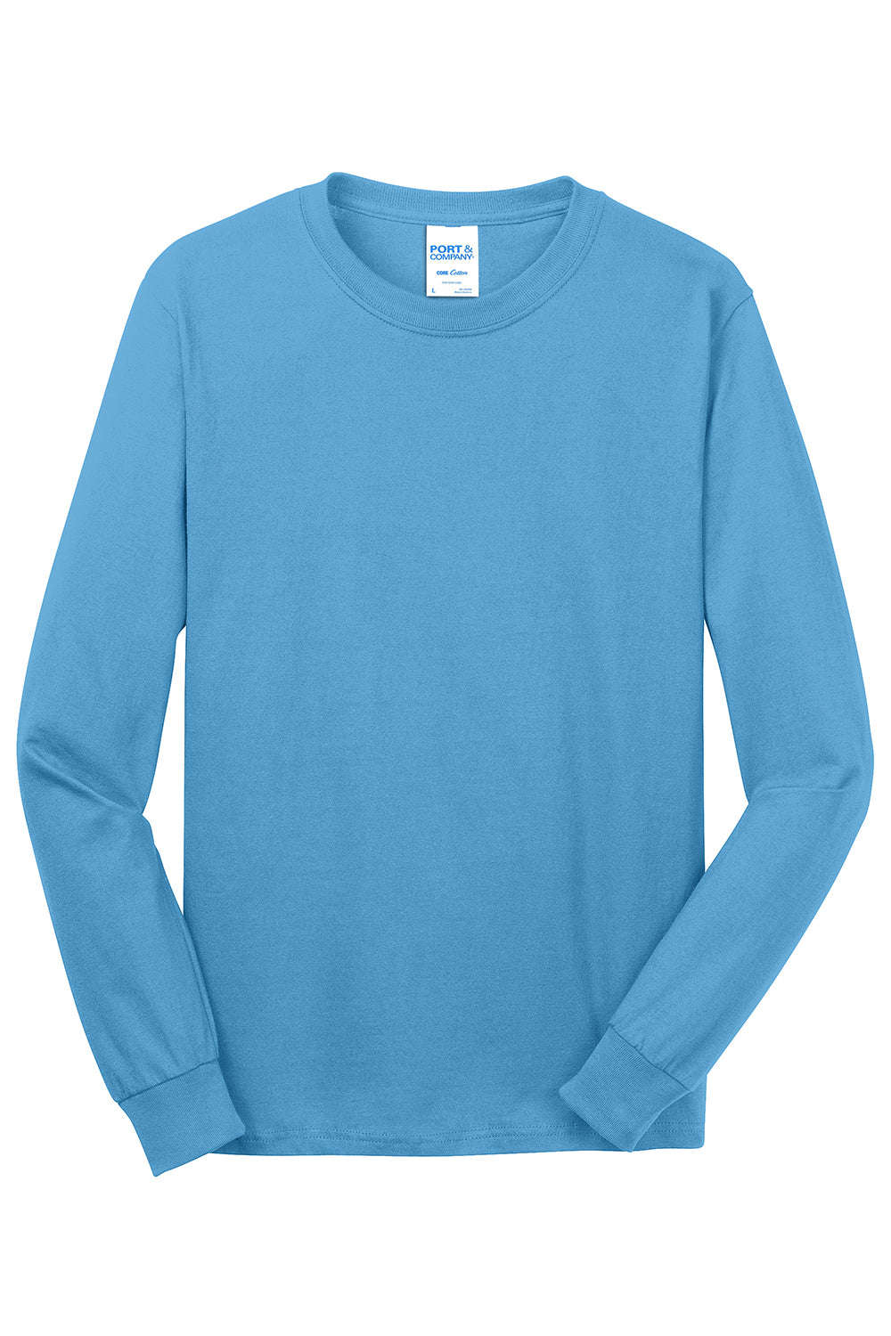 Port & Company PC54LS Mens Core Long Sleeve Crewneck T-Shirt Aquatic Blue Flat Front