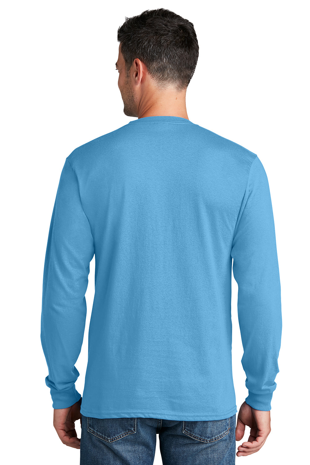 Port & Company PC54LS Mens Core Long Sleeve Crewneck T-Shirt Aquatic Blue Model Back