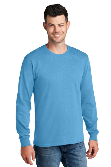 Port & Company PC54LS Mens Core Long Sleeve Crewneck T-Shirt Aquatic Blue Model Front