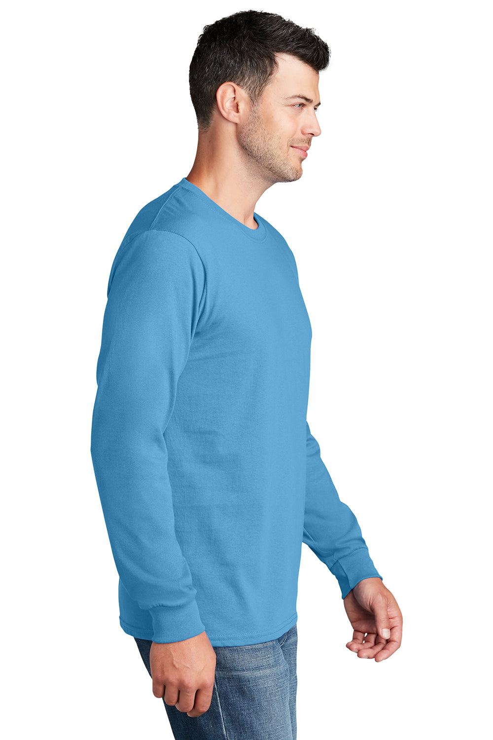 Port & Company PC54LS Mens Core Long Sleeve Crewneck T-Shirt Aquatic Blue Model Side