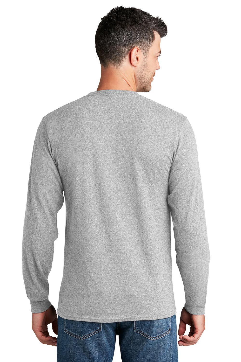 Port & Company PC54LS Mens Core Long Sleeve Crewneck T-Shirt Ash Grey Model Back