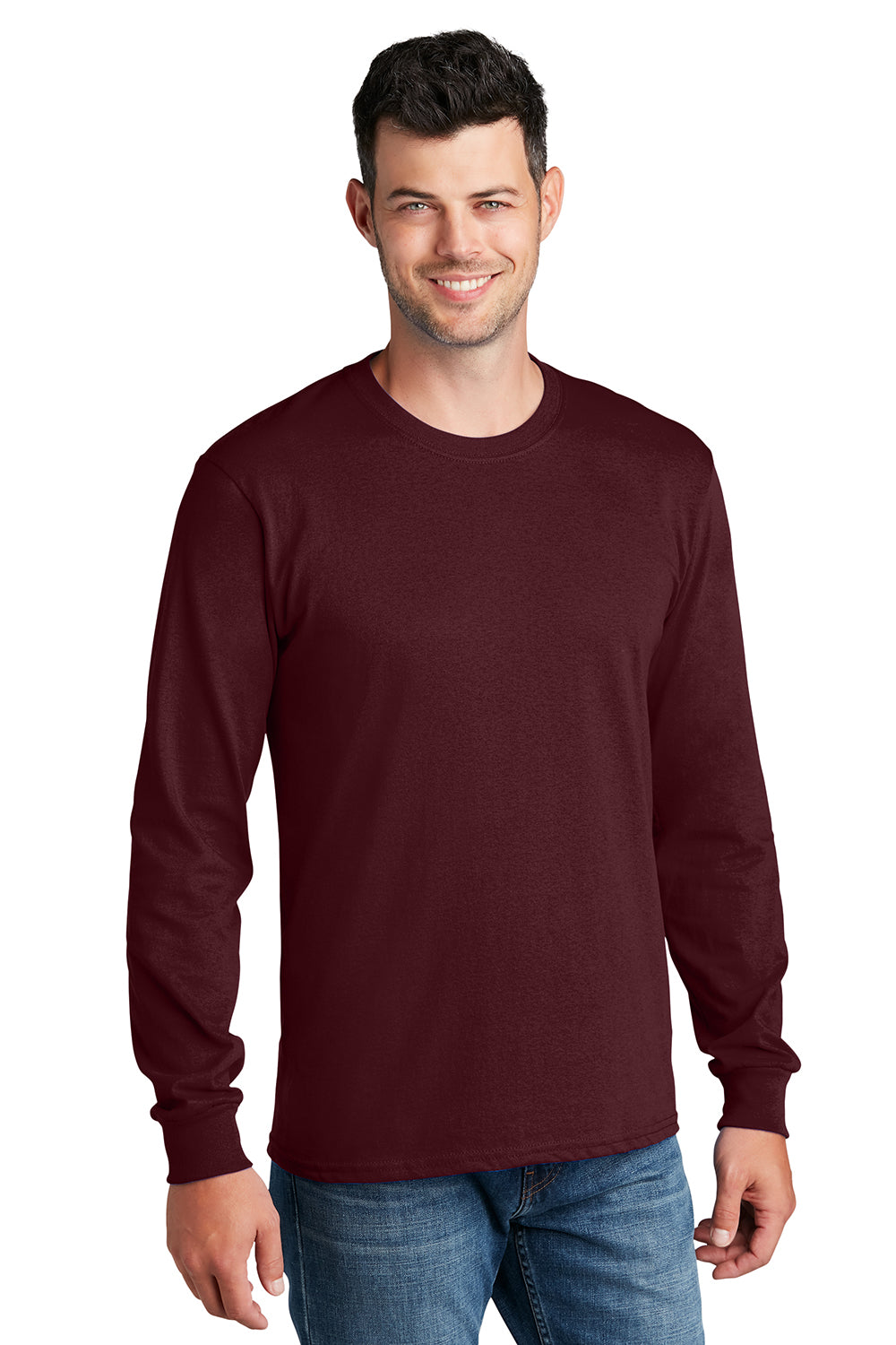 Port & Company PC54LS Mens Core Long Sleeve Crewneck T-Shirt Athletic Maroon Model Front