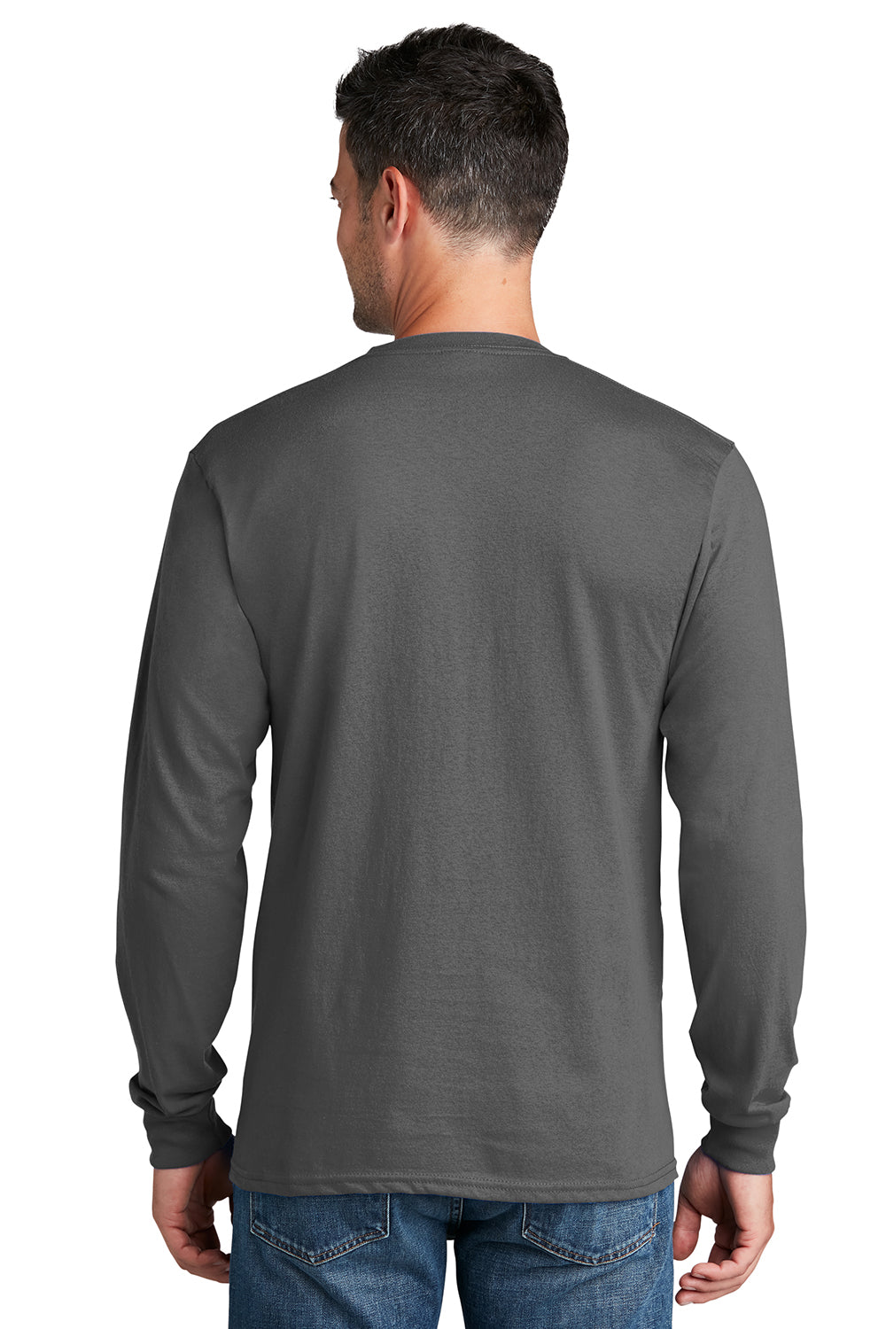 Port & Company PC54LS Mens Core Long Sleeve Crewneck T-Shirt Charcoal Grey Model Back