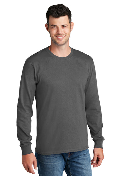 Port & Company PC54LS Mens Core Long Sleeve Crewneck T-Shirt Charcoal Grey Model Front