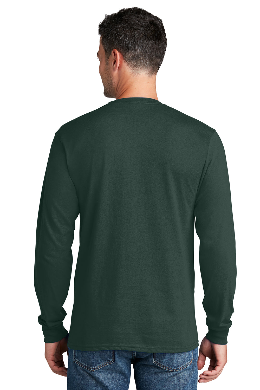 Port & Company PC54LS Mens Core Long Sleeve Crewneck T-Shirt Dark Green Model Back