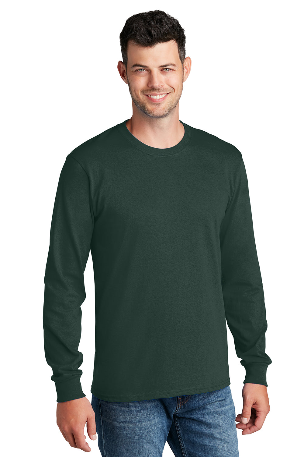 Port & Company PC54LS Mens Core Long Sleeve Crewneck T-Shirt Dark Green Model Front