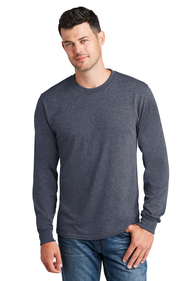 Port & Company PC54LS Mens Core Long Sleeve Crewneck T-Shirt Heather Navy Blue Model Front