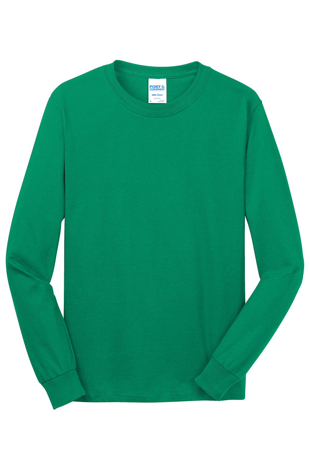 Port & Company PC54LS Mens Core Long Sleeve Crewneck T-Shirt Kelly Green Flat Front