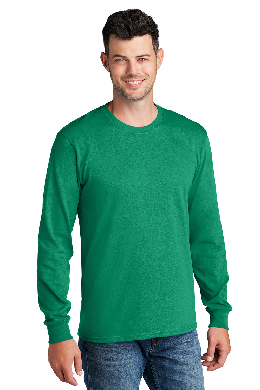 Port & Company PC54LS Mens Core Long Sleeve Crewneck T-Shirt Kelly Green Model Front