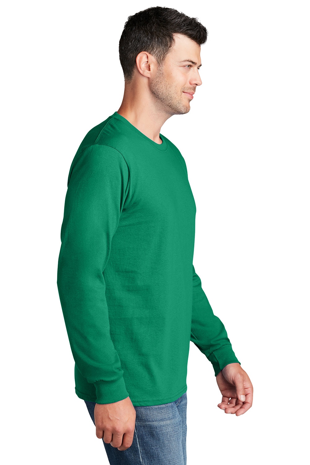 Port & Company PC54LS Mens Core Long Sleeve Crewneck T-Shirt Kelly Green Model Side