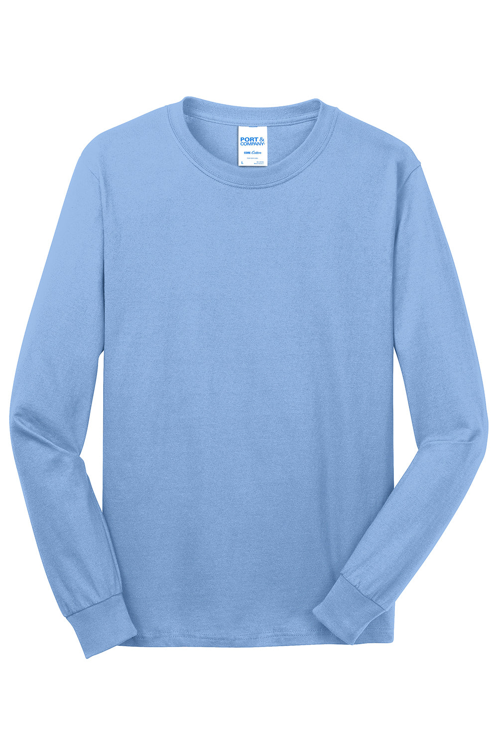 Port & Company PC54LS Mens Core Long Sleeve Crewneck T-Shirt Light Blue Flat Front