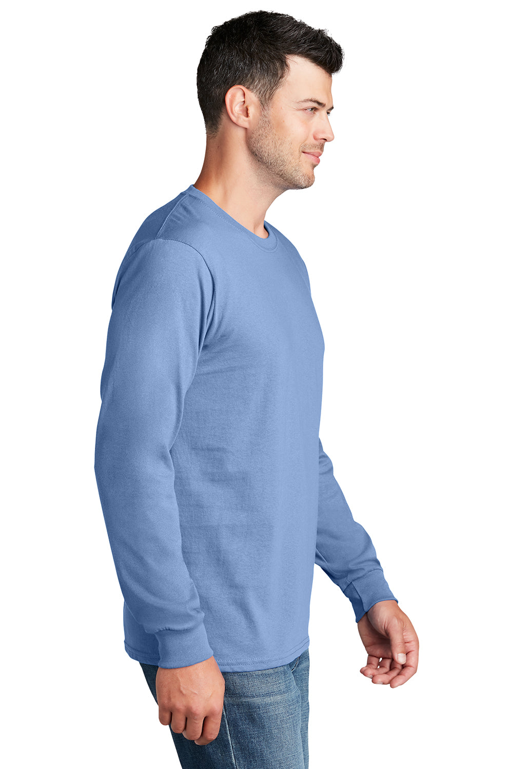 Port & Company PC54LS Mens Core Long Sleeve Crewneck T-Shirt Light Blue Model Side