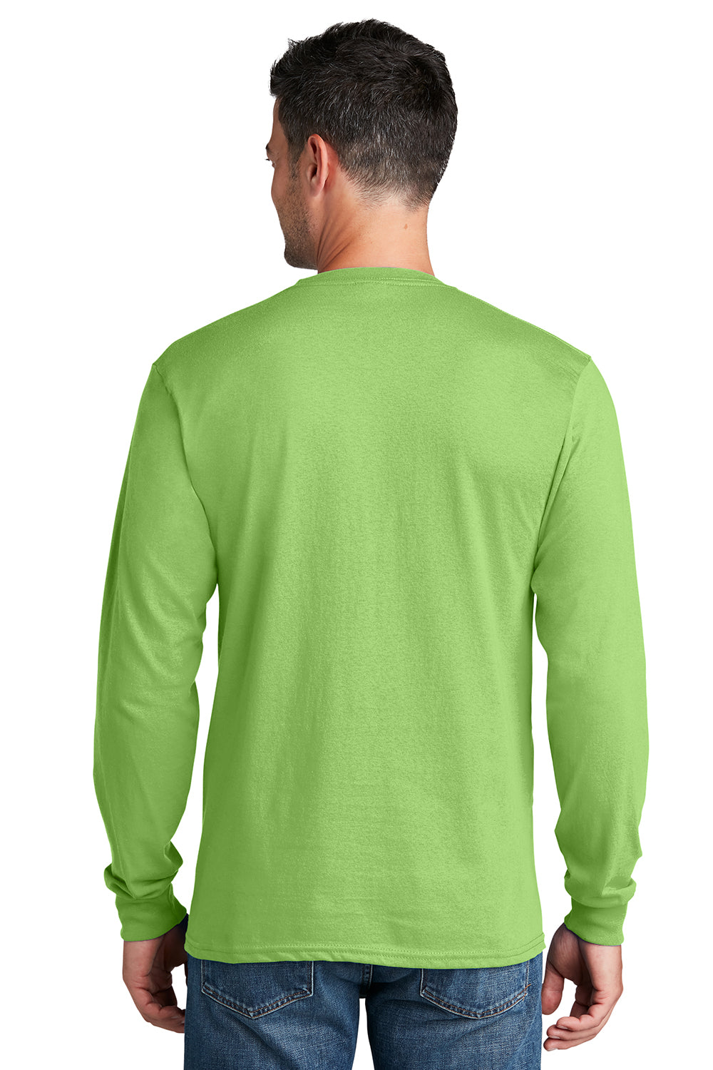 Port & Company PC54LS Mens Core Long Sleeve Crewneck T-Shirt Lime Green Model Back