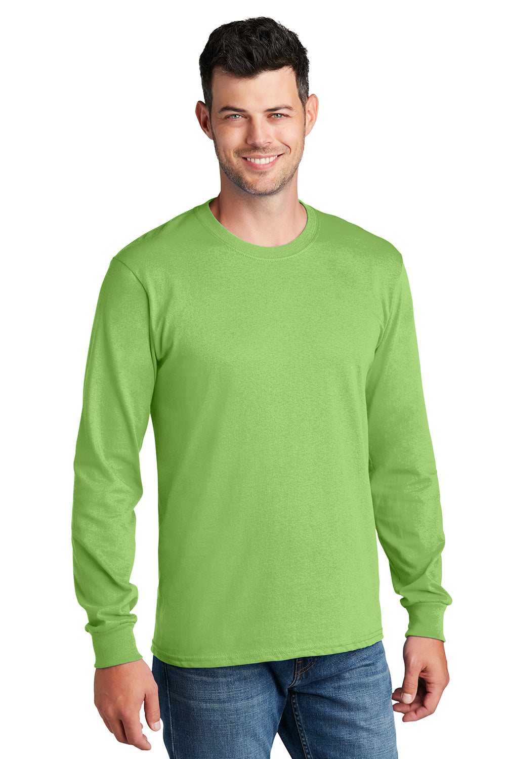 Port & Company PC54LS Mens Core Long Sleeve Crewneck T-Shirt Lime Green Model Front