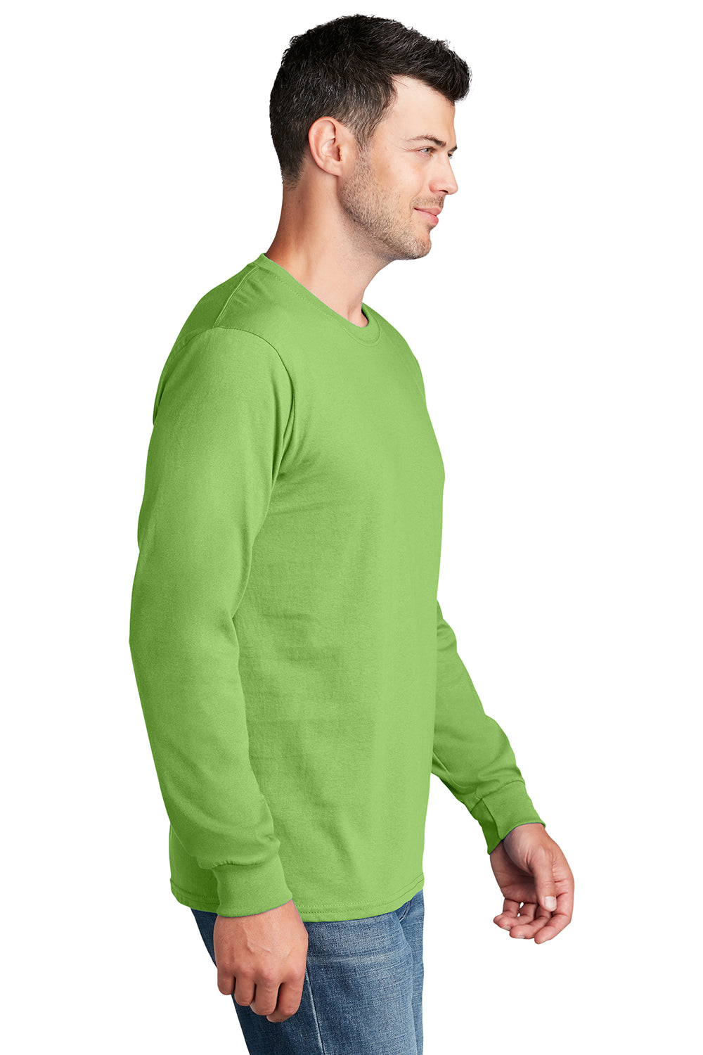 Port & Company PC54LS Mens Core Long Sleeve Crewneck T-Shirt Lime Green Model Side