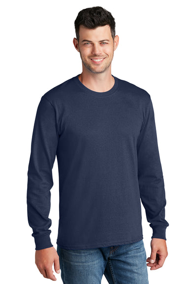 Port & Company PC54LS Mens Core Long Sleeve Crewneck T-Shirt Navy Blue Model Front