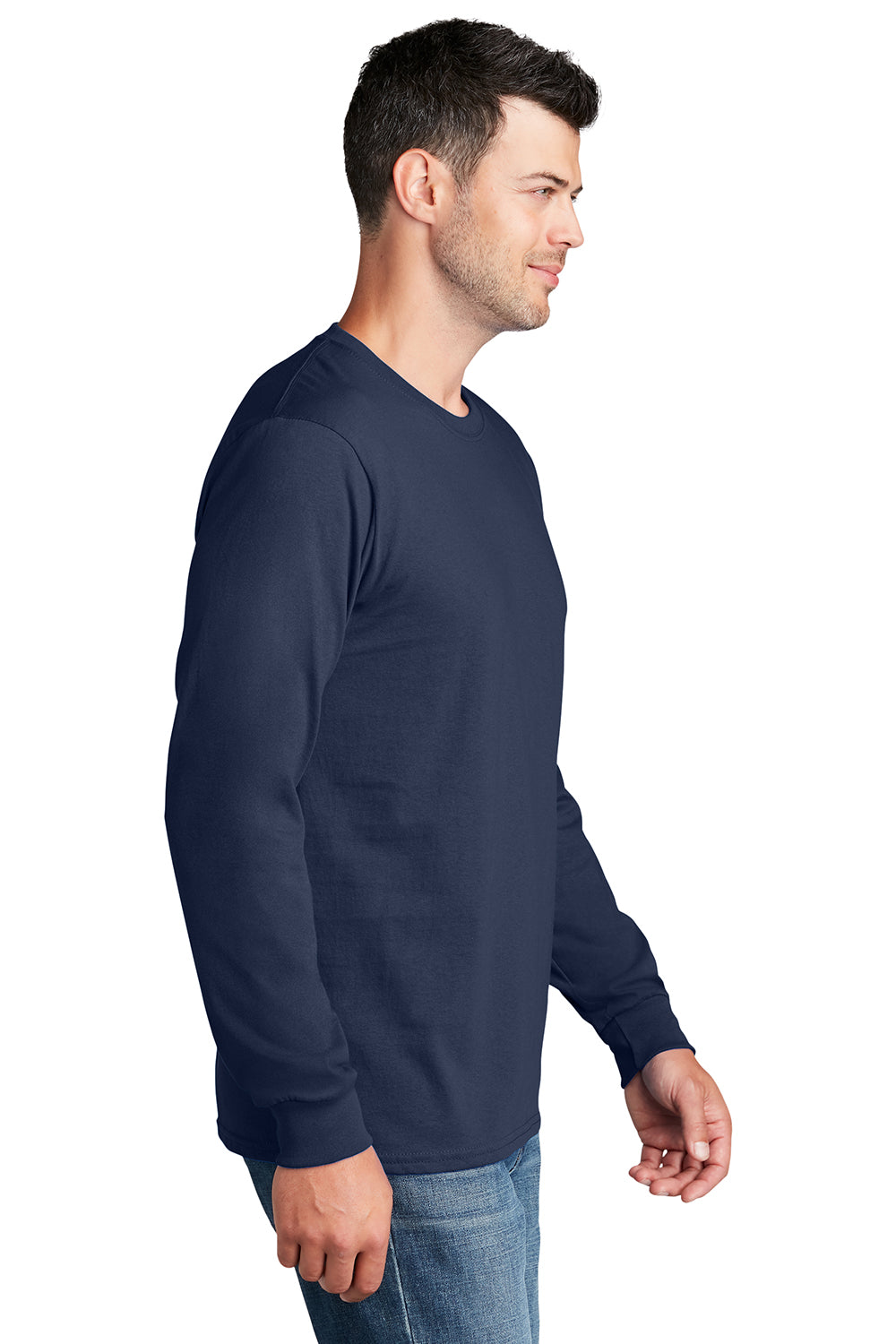 Port & Company PC54LS Mens Core Long Sleeve Crewneck T-Shirt Navy Blue Model Side