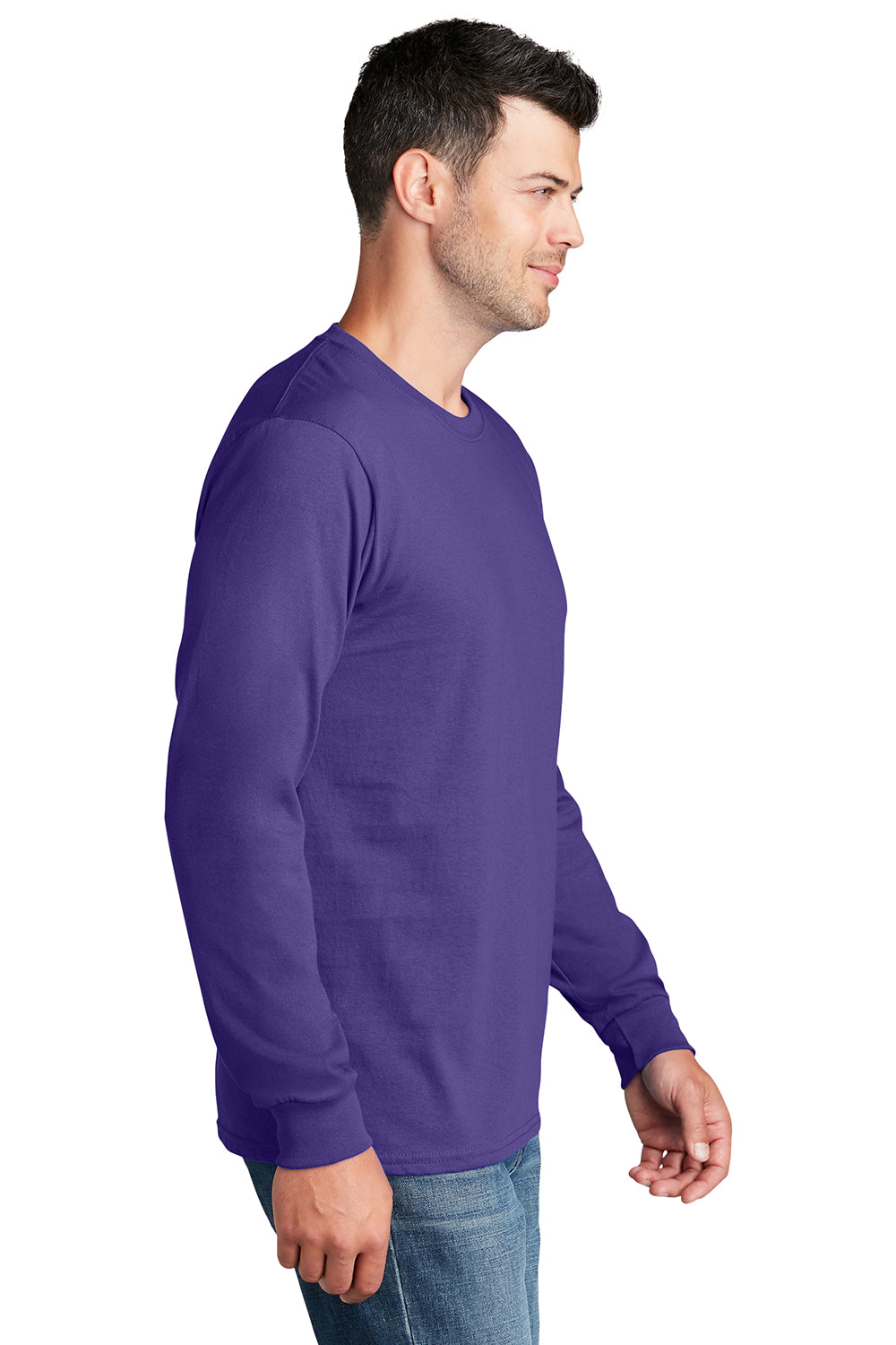 Port & Company PC54LS Mens Core Long Sleeve Crewneck T-Shirt Purple Model Side