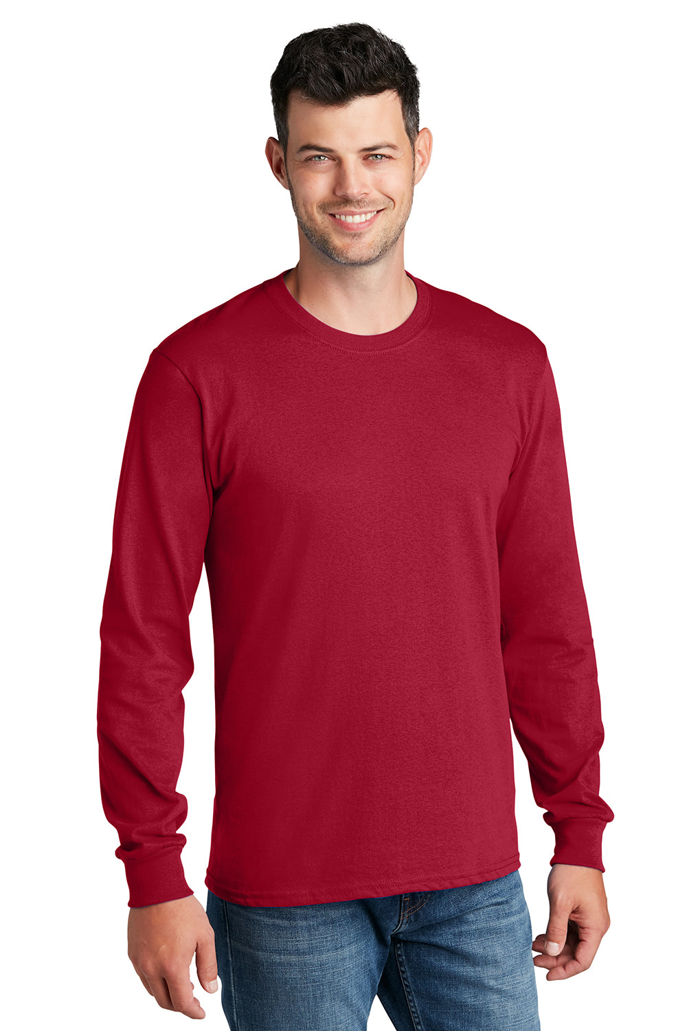 Port & Company PC54LS Mens Core Long Sleeve Crewneck T-Shirt Red Model Front