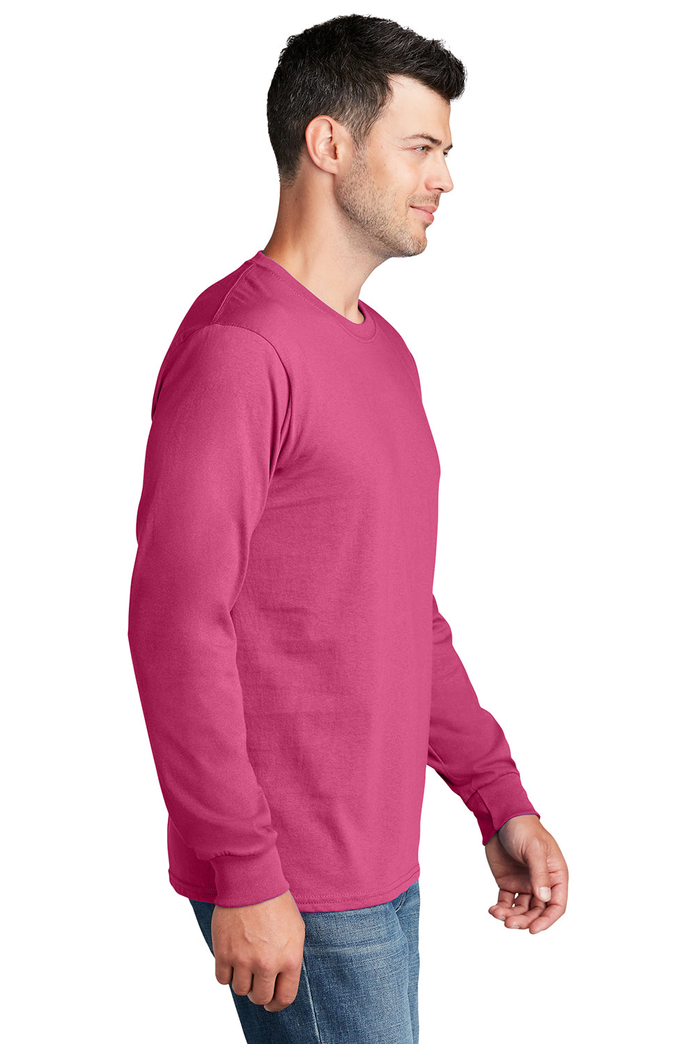 Port & Company PC54LS Mens Core Long Sleeve Crewneck T-Shirt Sangria Pink Model Side