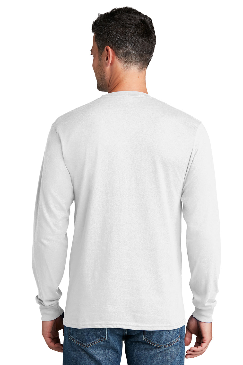 Port & Company PC54LS Mens Core Long Sleeve Crewneck T-Shirt White Model Back