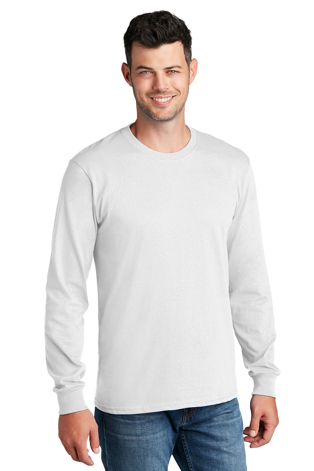 Port & Company PC54LS Mens Core Long Sleeve Crewneck T-Shirt White Model Front