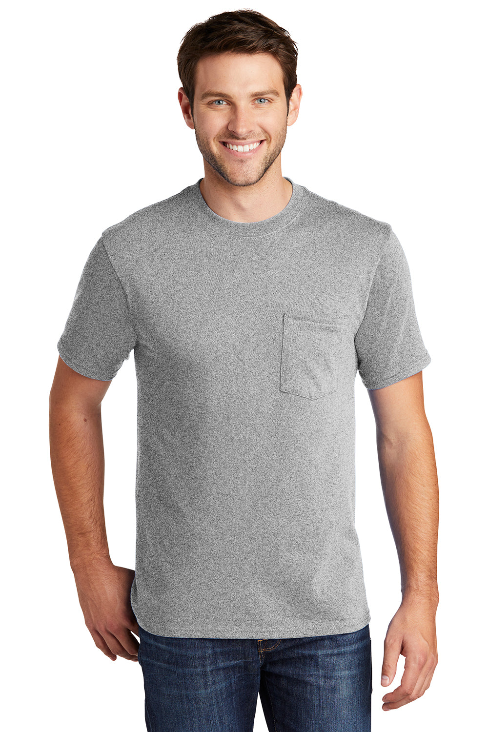 Port & Company PC54P Mens Core Short Sleeve Crewneck T-Shirt w/ Pocket Ash Grey Model Front