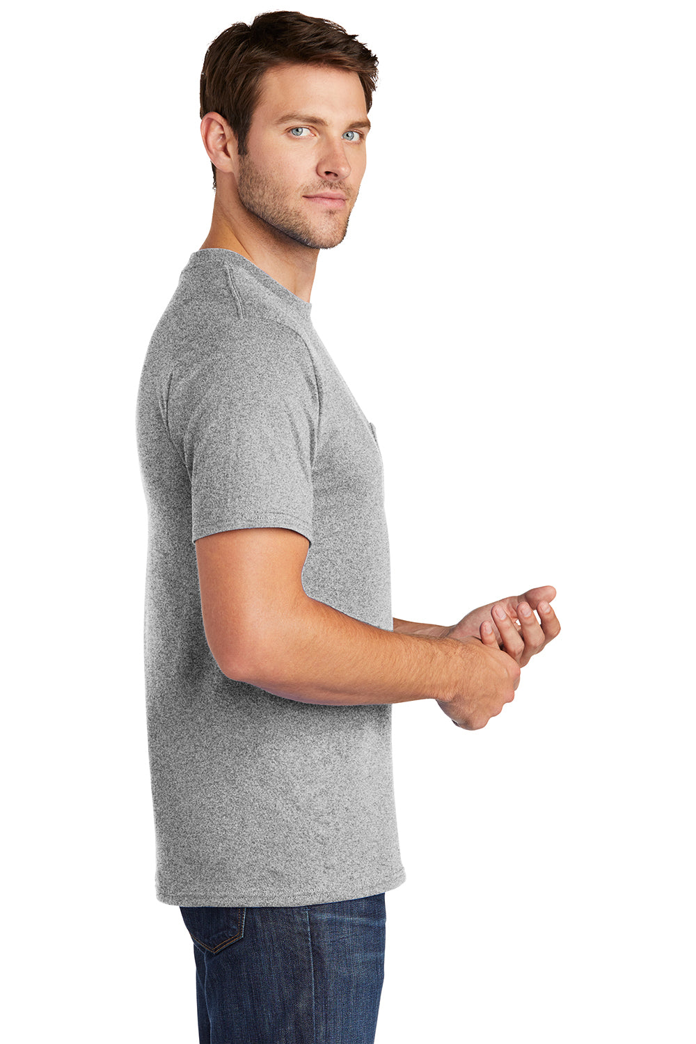 Port & Company PC54P Mens Core Short Sleeve Crewneck T-Shirt w/ Pocket Ash Grey Model Side