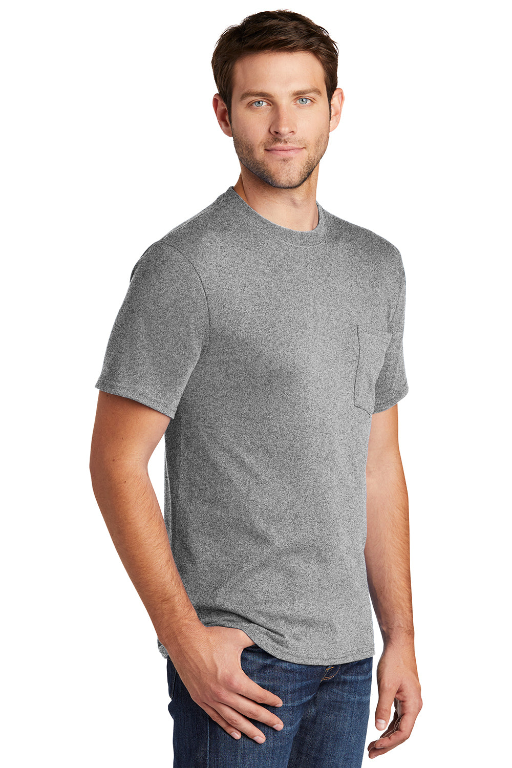 Port & Company PC54P Mens Core Short Sleeve Crewneck T-Shirt w/ Pocket Heather Grey Model 3q