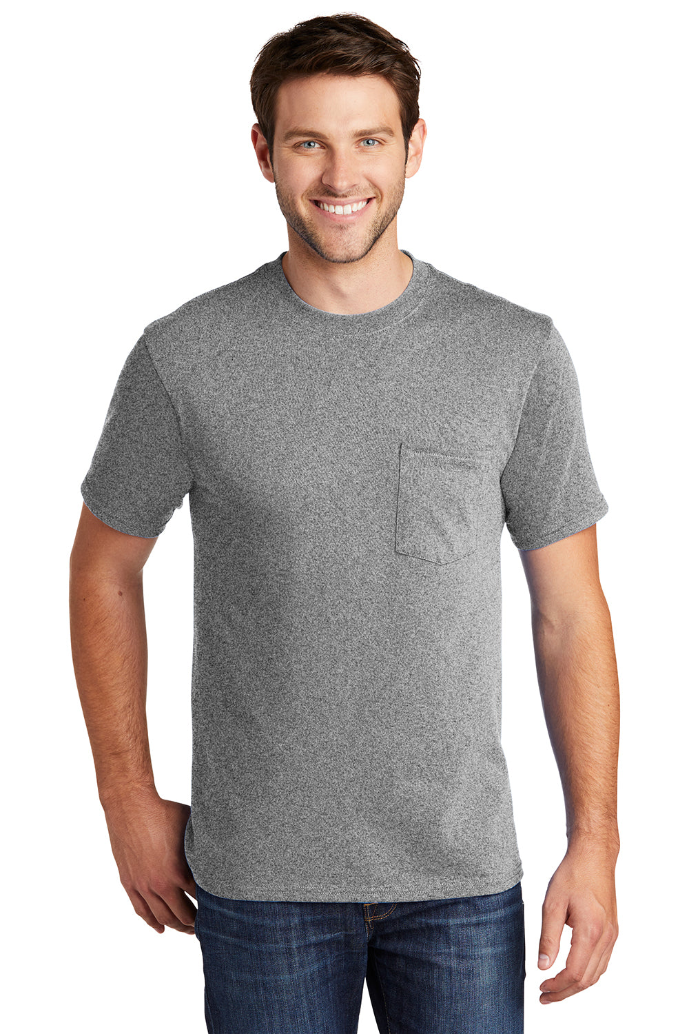 Port & Company PC54P Mens Core Short Sleeve Crewneck T-Shirt w/ Pocket Heather Grey Model Front