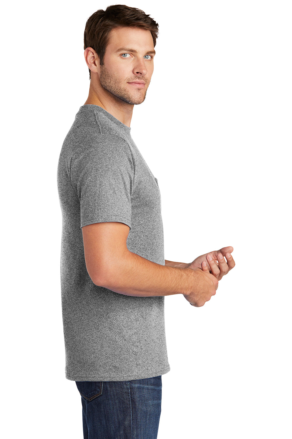 Port & Company PC54P Mens Core Short Sleeve Crewneck T-Shirt w/ Pocket Heather Grey Model Side