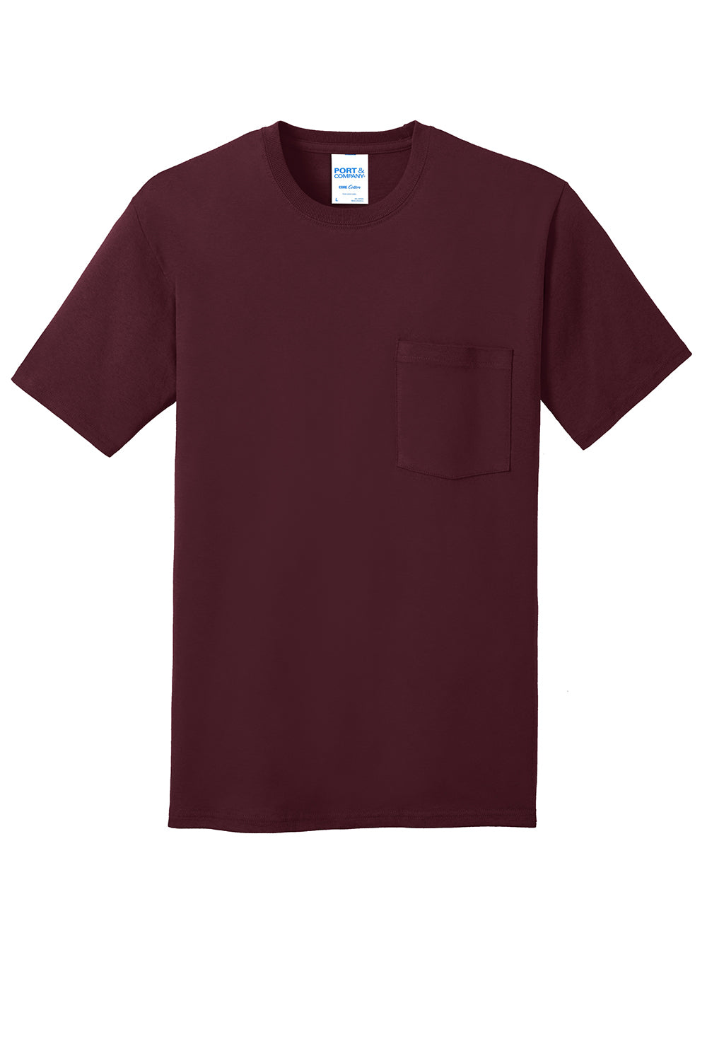 Port & Company PC54P Mens Core Short Sleeve Crewneck T-Shirt w/ Pocket Athletic Maroon Flat Front