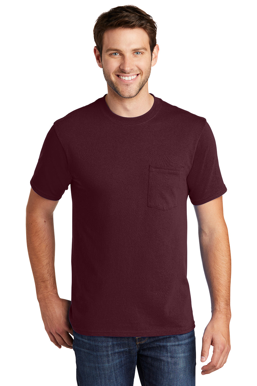 Port & Company PC54P Mens Core Short Sleeve Crewneck T-Shirt w/ Pocket Athletic Maroon Model Front