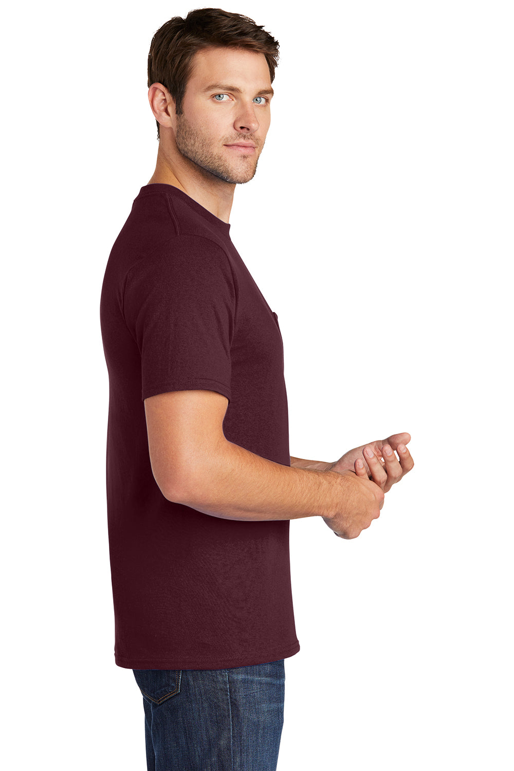 Port & Company PC54P Mens Core Short Sleeve Crewneck T-Shirt w/ Pocket Athletic Maroon Model Side