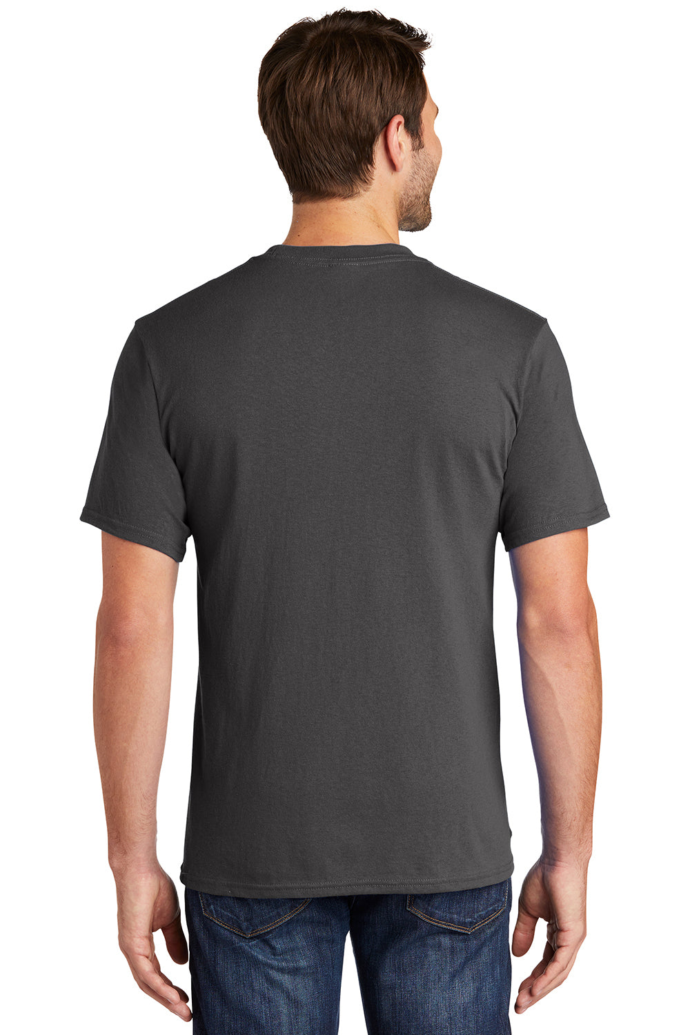 Port & Company PC54P Mens Core Short Sleeve Crewneck T-Shirt w/ Pocket Charcoal Grey Model Back