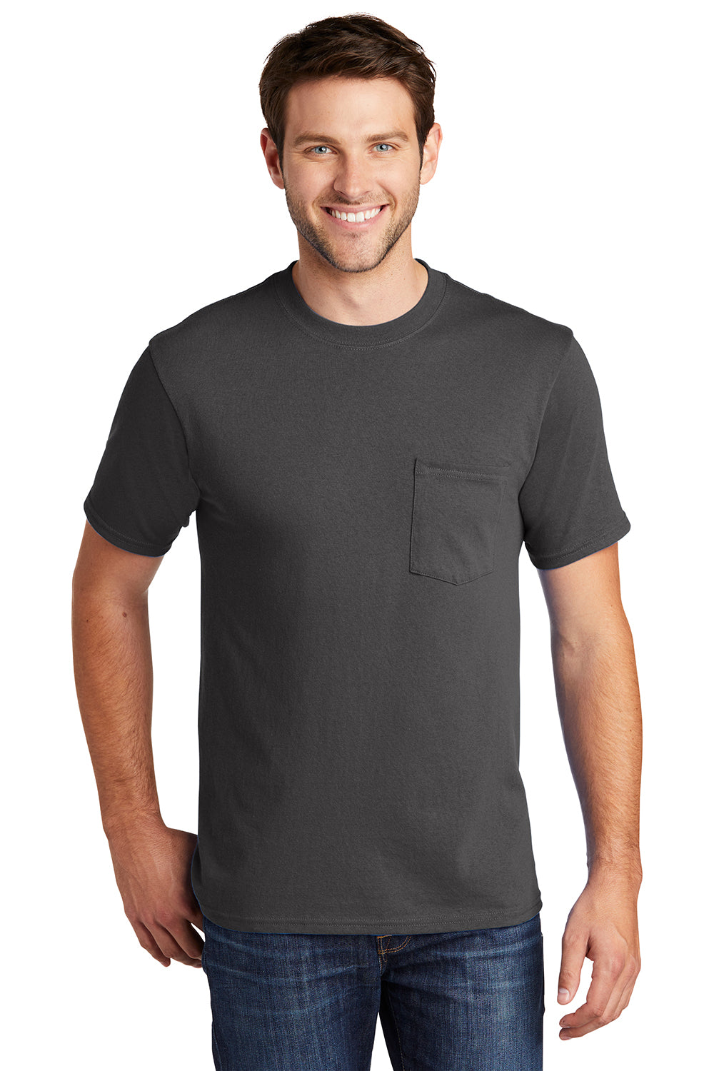 Port & Company PC54P Mens Core Short Sleeve Crewneck T-Shirt w/ Pocket Charcoal Grey Model Front