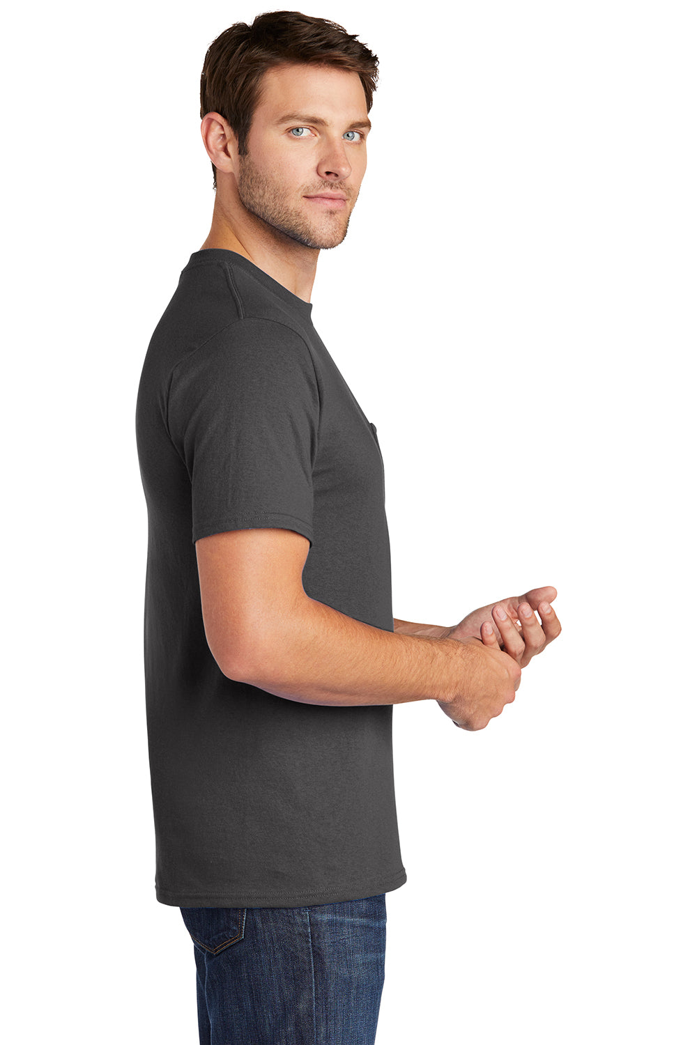 Port & Company PC54P Mens Core Short Sleeve Crewneck T-Shirt w/ Pocket Charcoal Grey Model Side