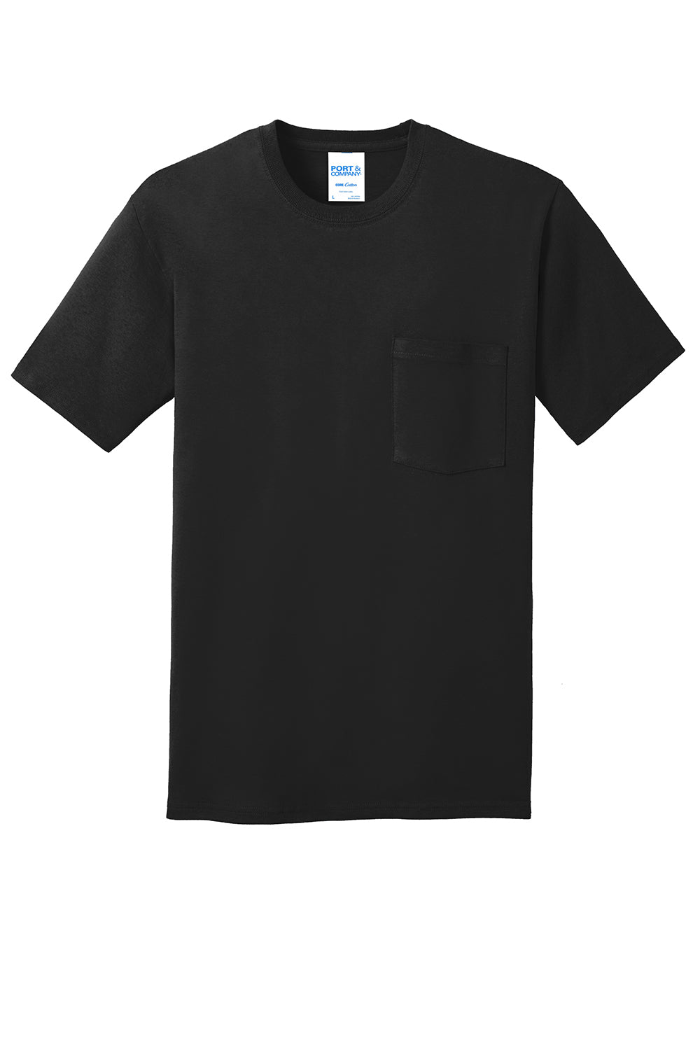 Port & Company PC54P Mens Core Short Sleeve Crewneck T-Shirt w/ Pocket Jet Black Flat Front