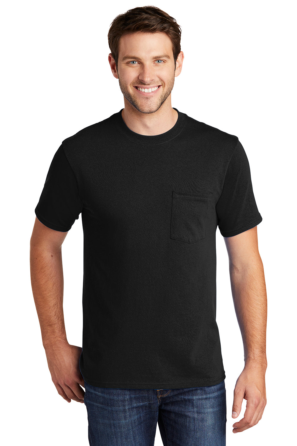 Port & Company PC54P Mens Core Short Sleeve Crewneck T-Shirt w/ Pocket Jet Black Model Front