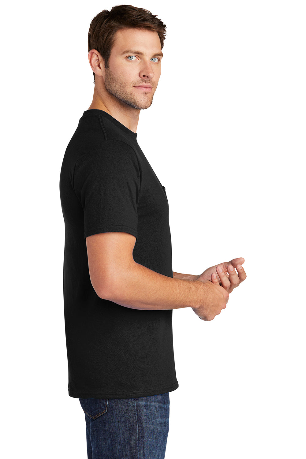 Port & Company PC54P Mens Core Short Sleeve Crewneck T-Shirt w/ Pocket Jet Black Model Side