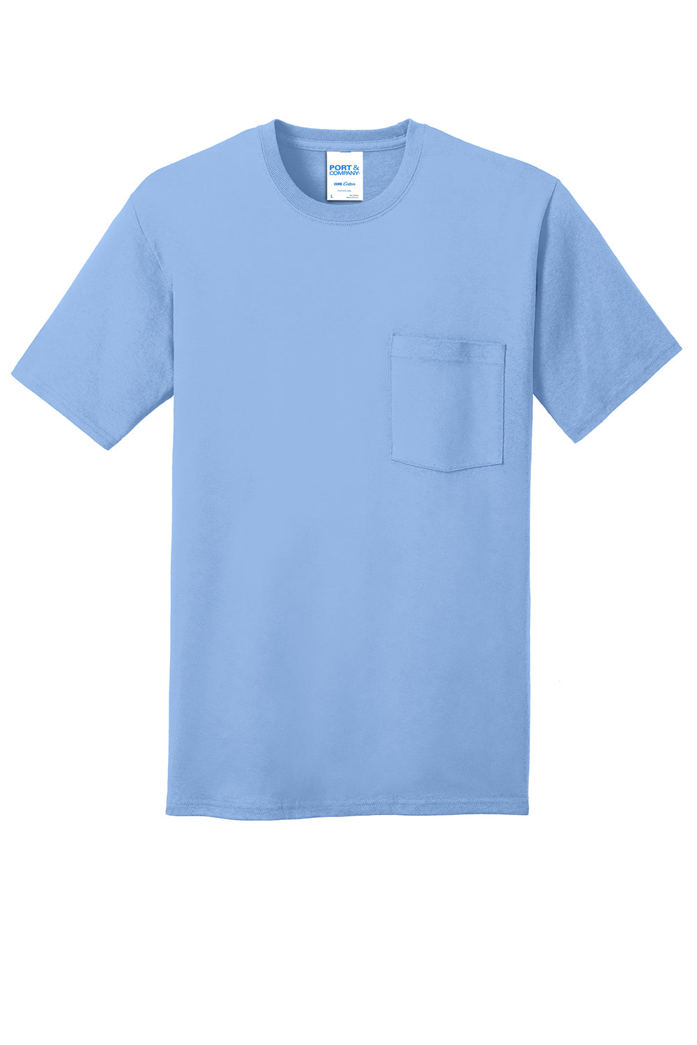 Port & Company PC54P Mens Core Short Sleeve Crewneck T-Shirt w/ Pocket Light Blue Flat Front