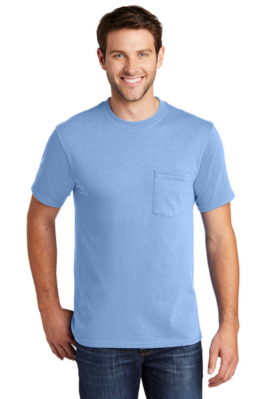 Port & Company PC54P Mens Core Short Sleeve Crewneck T-Shirt w/ Pocket Light Blue Model Front