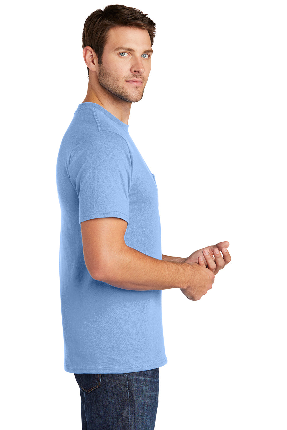 Port & Company PC54P Mens Core Short Sleeve Crewneck T-Shirt w/ Pocket Light Blue Model Side