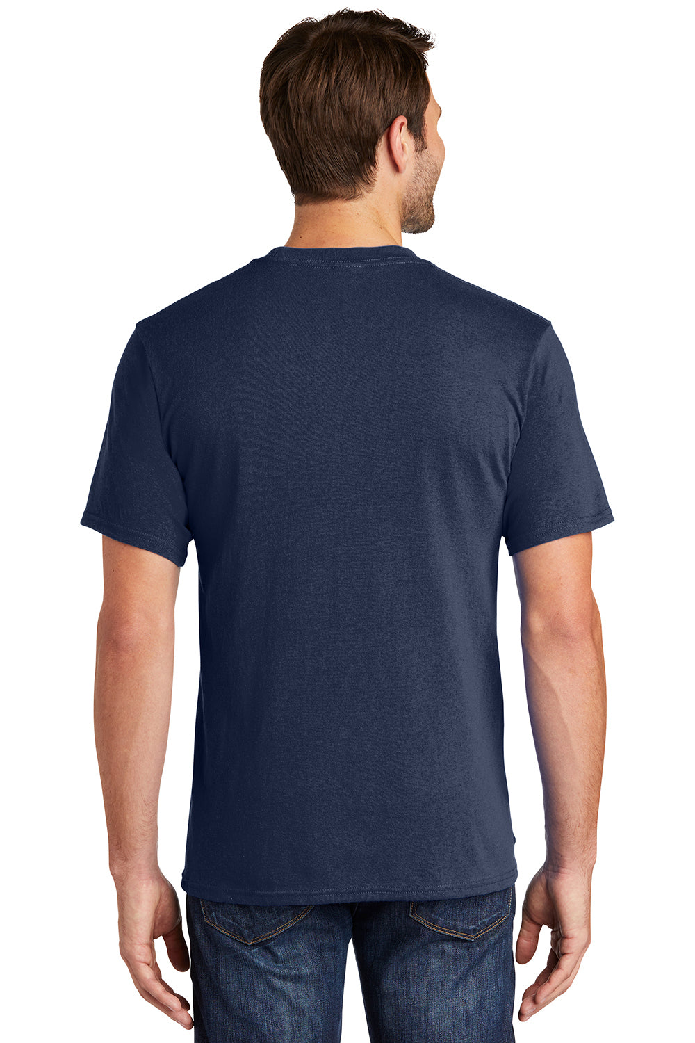 Port & Company PC54P Mens Core Short Sleeve Crewneck T-Shirt w/ Pocket Navy Blue Model Back