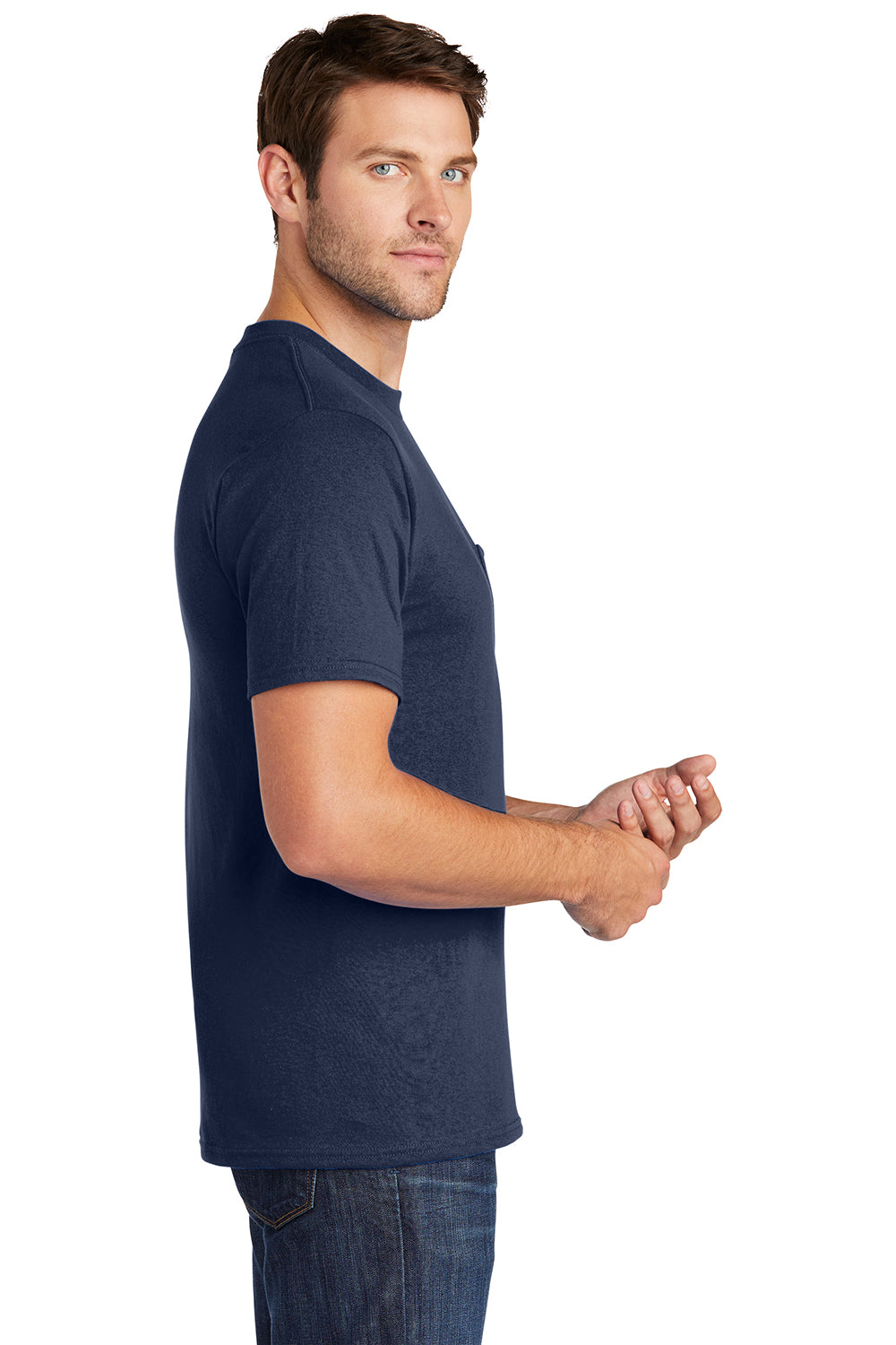 Port & Company PC54P Mens Core Short Sleeve Crewneck T-Shirt w/ Pocket Navy Blue Model Side