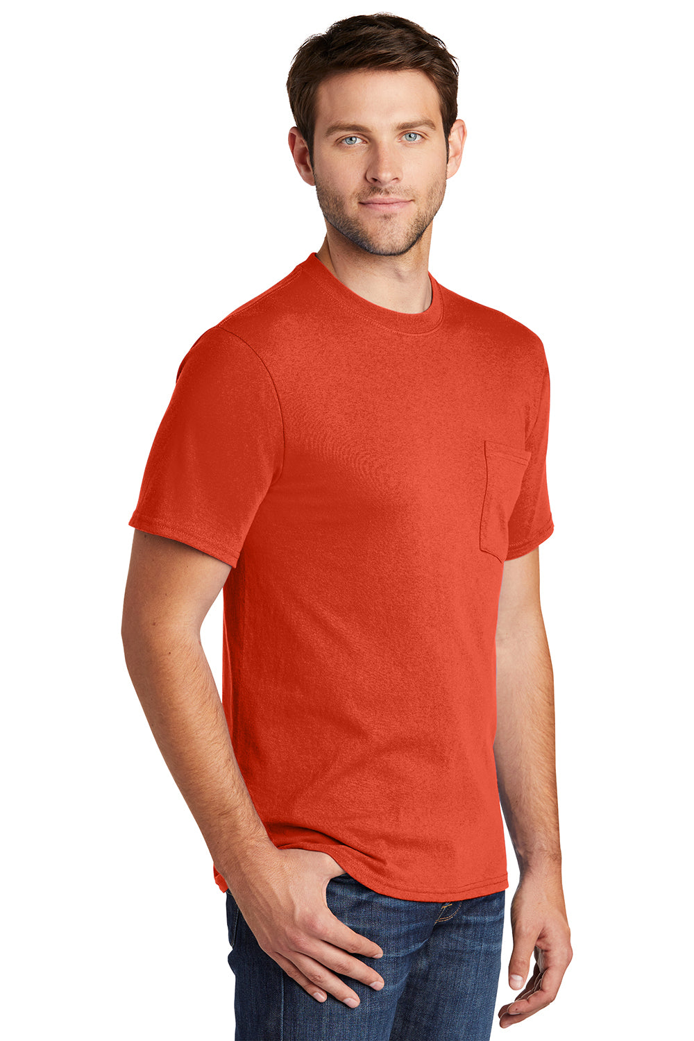 Port & Company PC54P Mens Core Short Sleeve Crewneck T-Shirt w/ Pocket Orange Model 3q